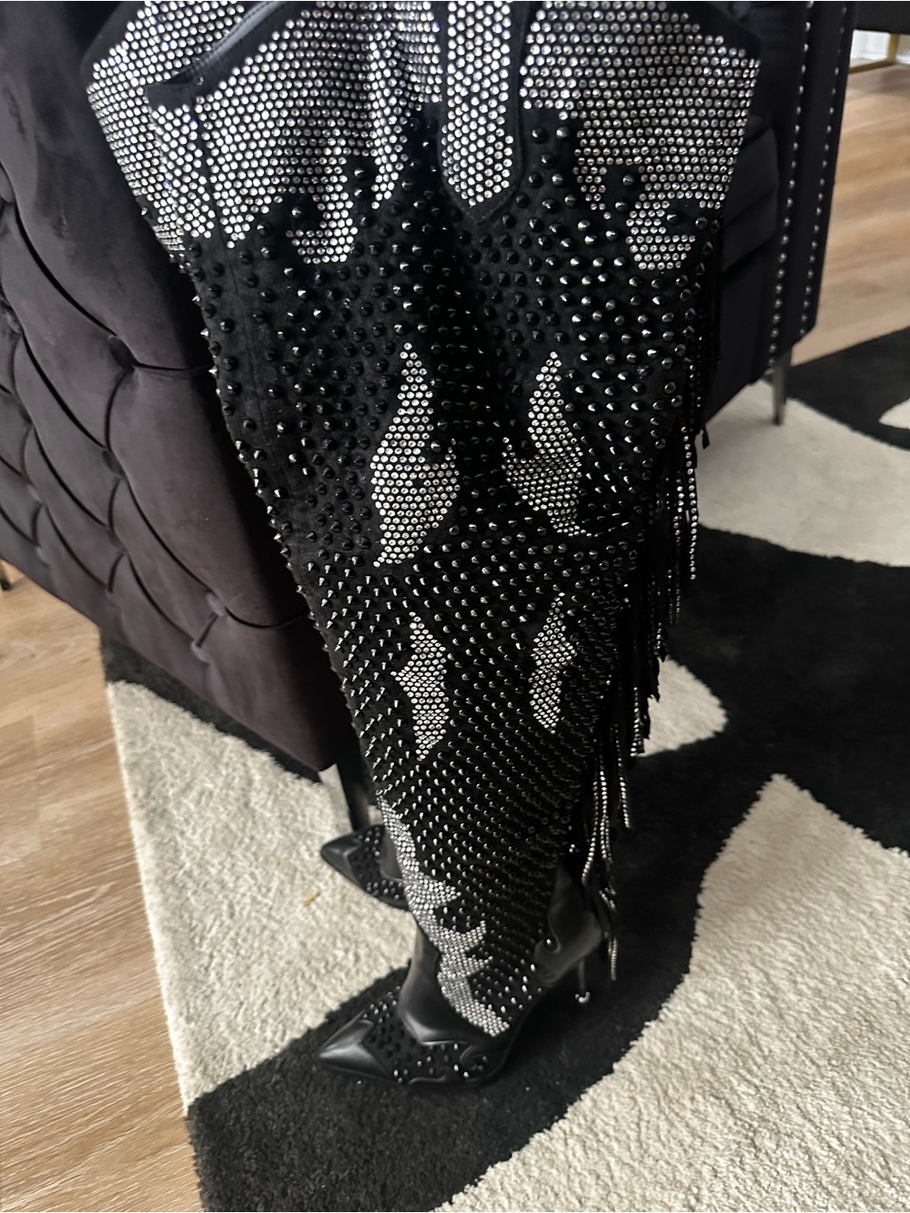 Black Rhinestone Over-the-Knee Fringe Stiletto Boots